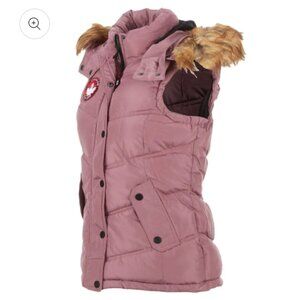 Women's Puffer Vest with Faux Fur Hood - Mauve Pink